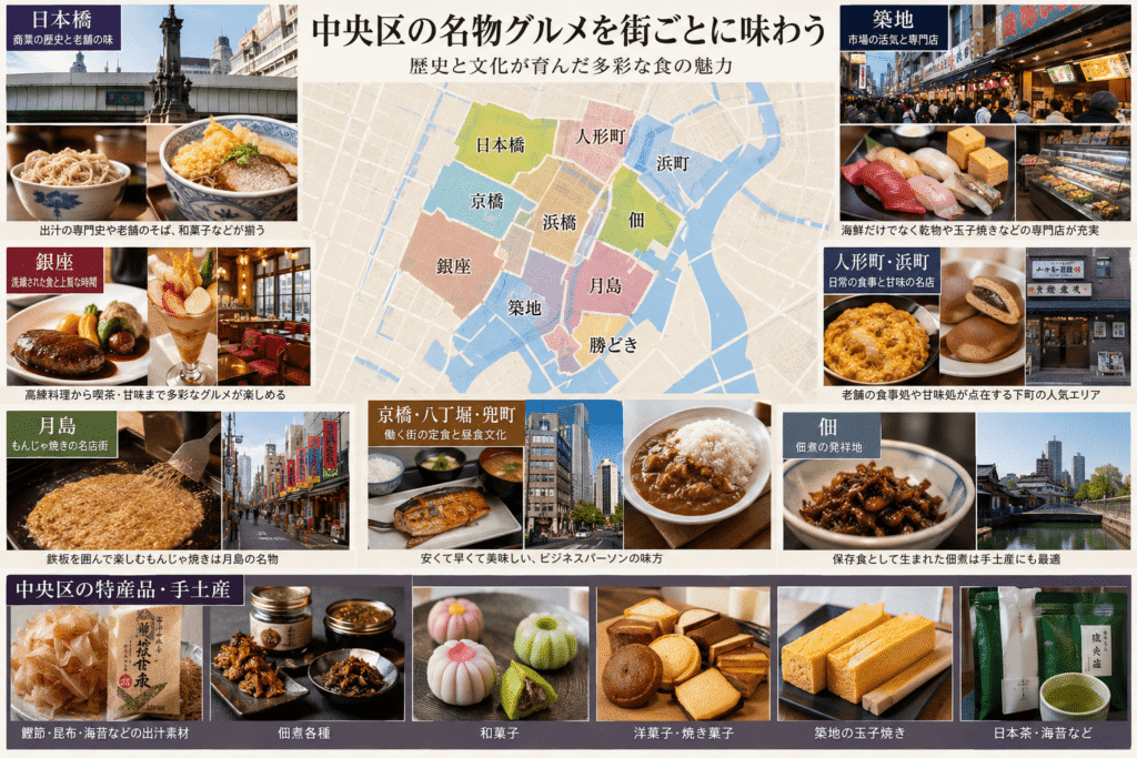 中央区の名物グルメを街ごとに味わう