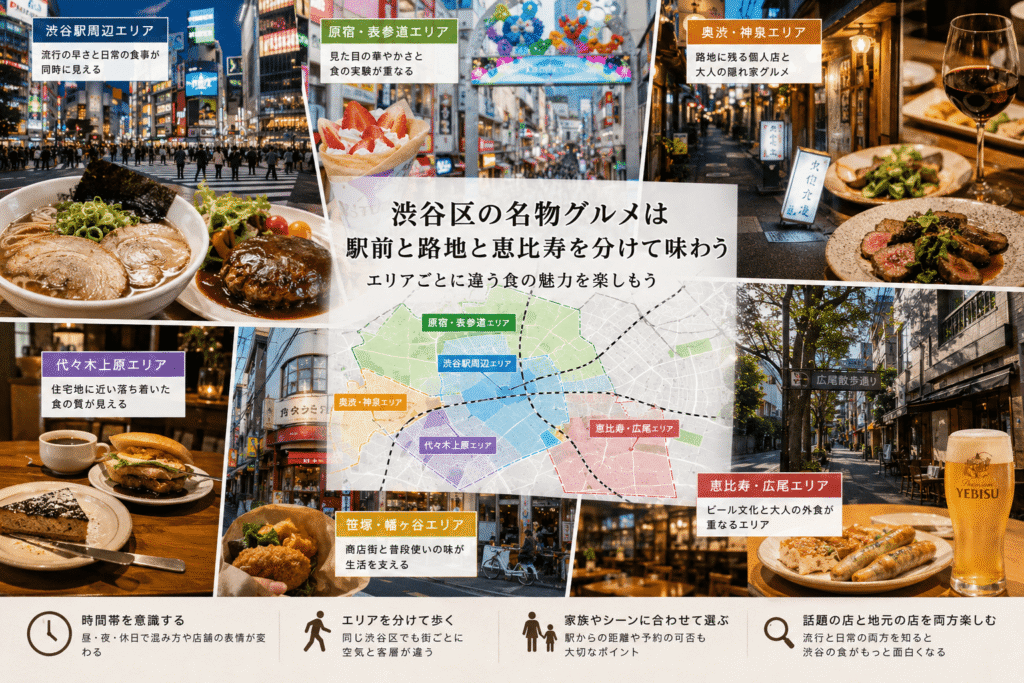 渋谷区の名物グルメは駅前と路地と恵比寿を分けて味わう